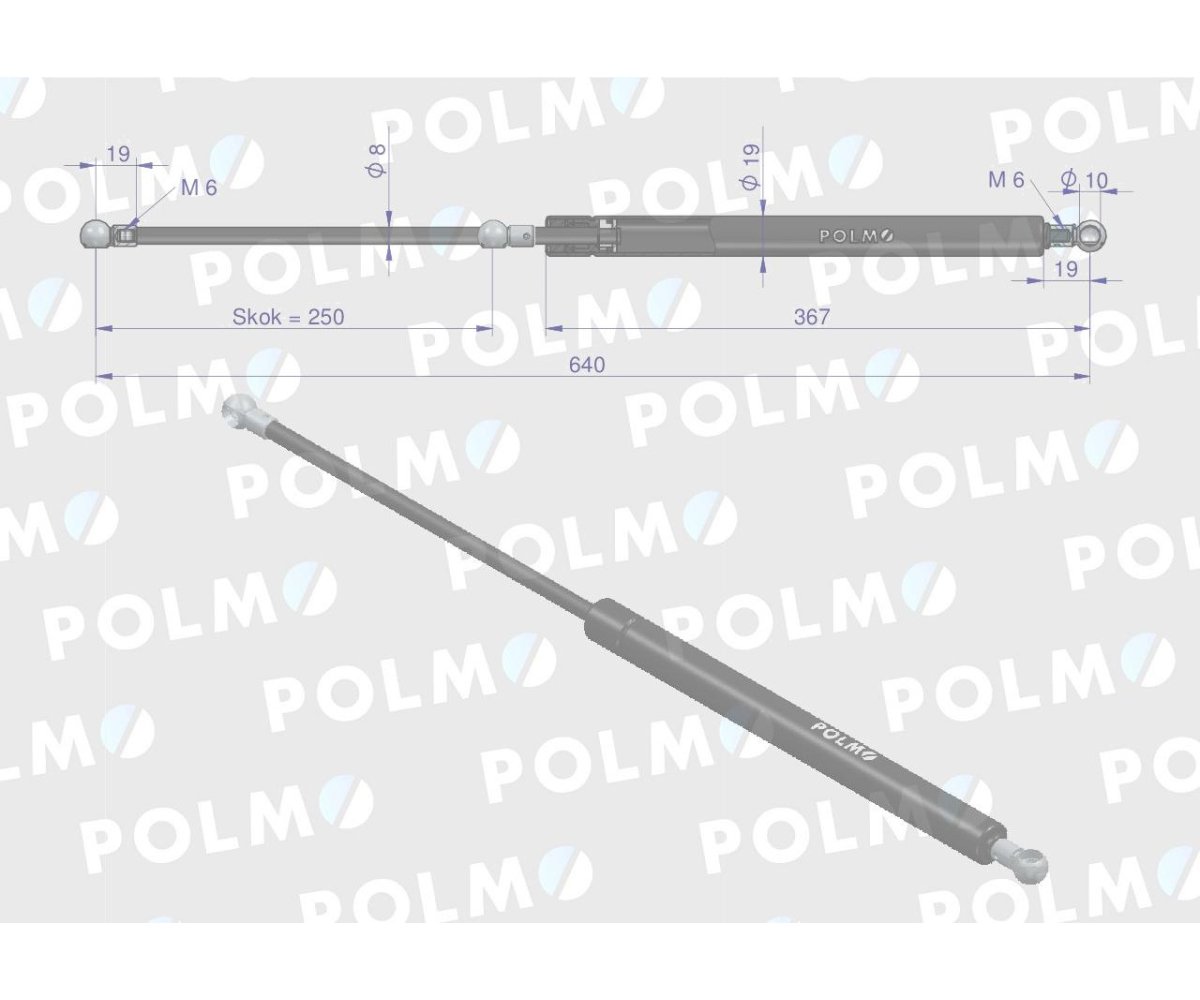 Siłownik szyby przedniej L max. 640mm 65417045 FIAT POLMO
