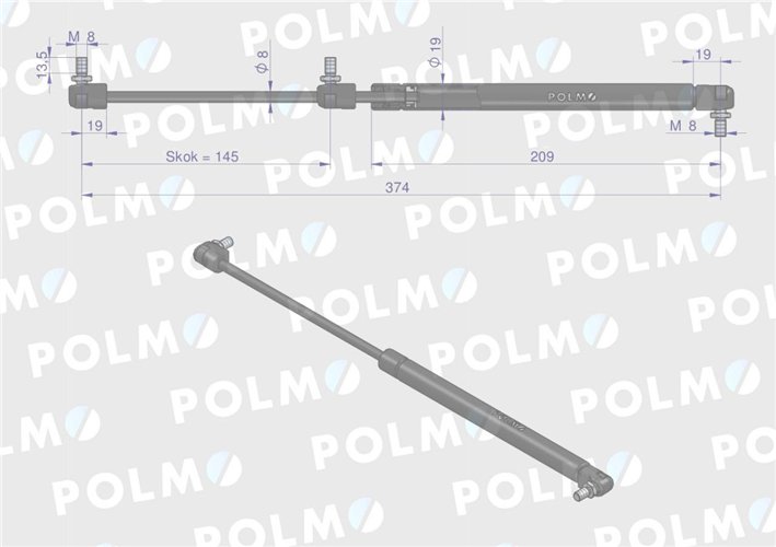 Siłownik szyby tylnej L max. 374mm 65418006 RENAULT POLMO