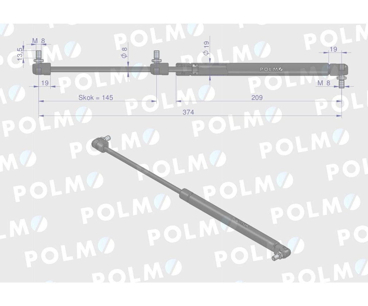 Siłownik szyby tylnej L max. 374mm 65418006 RENAULT POLMO