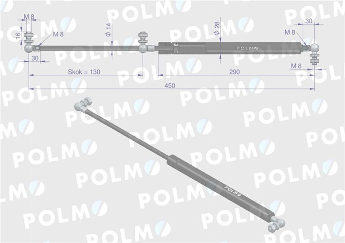 Siłownik maski silnika L max. 450mm 87480238P CASE IH NEW HOLLAND POLMO