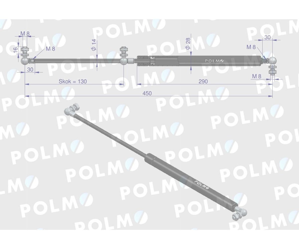 Siłownik maski silnika L max. 450mm 87480238P CASE IH NEW HOLLAND POLMO