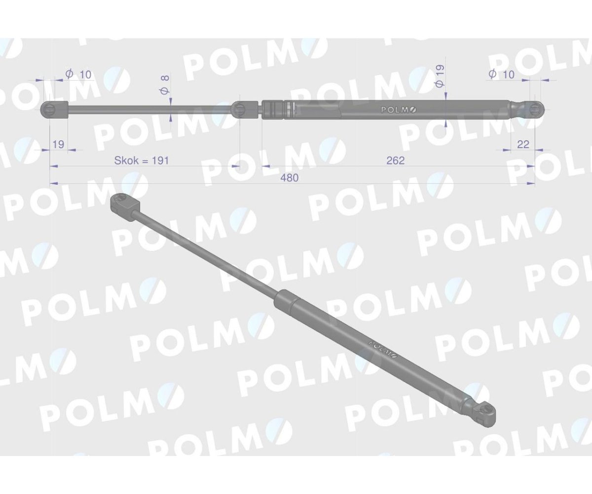 Siłownik szyby przedniej L max. 480mm 9977765P NEW HOLLAND POLMO