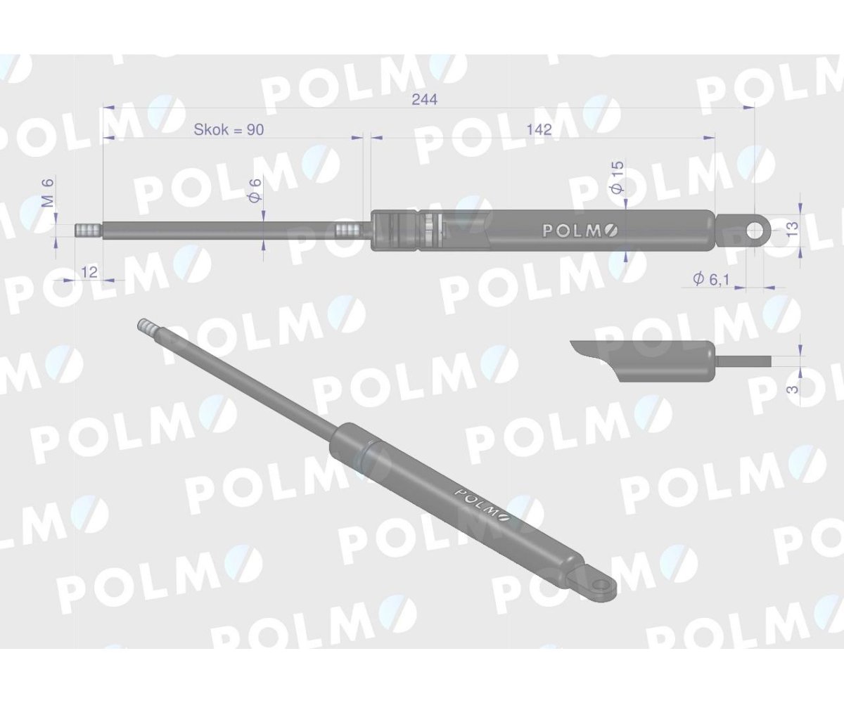 Siłownik szyby tylnej szyberdachu L max. 243,5mm AL28598P JOHN DEERE POLMO