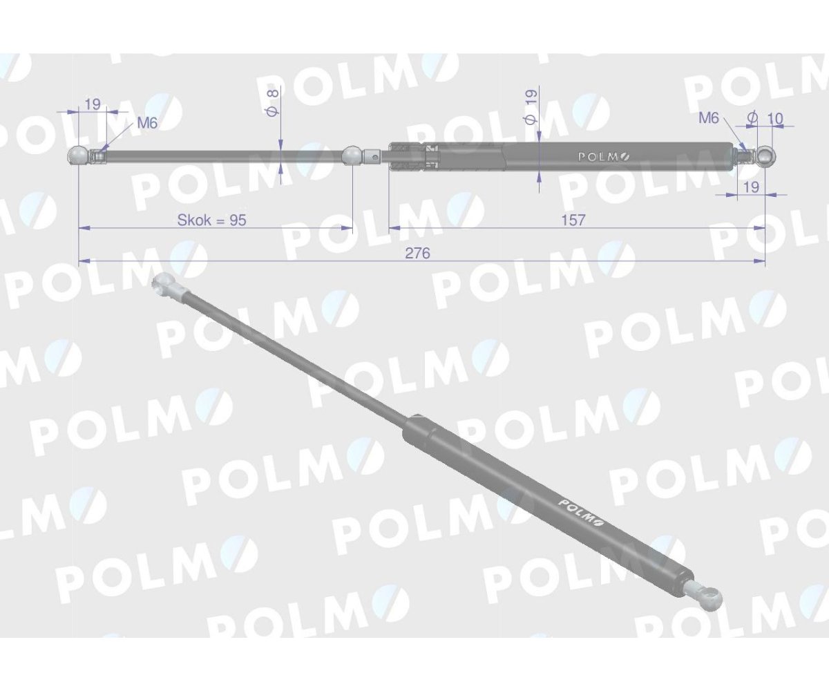 Siłownik drzwi i szyba przednia (tylko do ciągników z ładowaczem czołowym) L max. 276mm B40491P FENDT POLMO