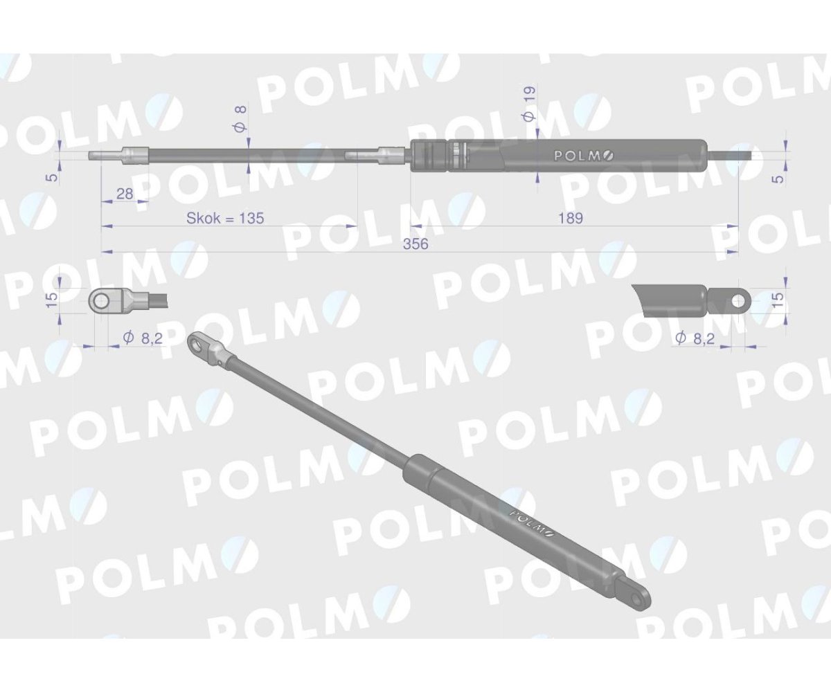 Siłownik szyby przedniej L max. 356mm CA287636P MASSEY FERGUSON MAUSER POLMO