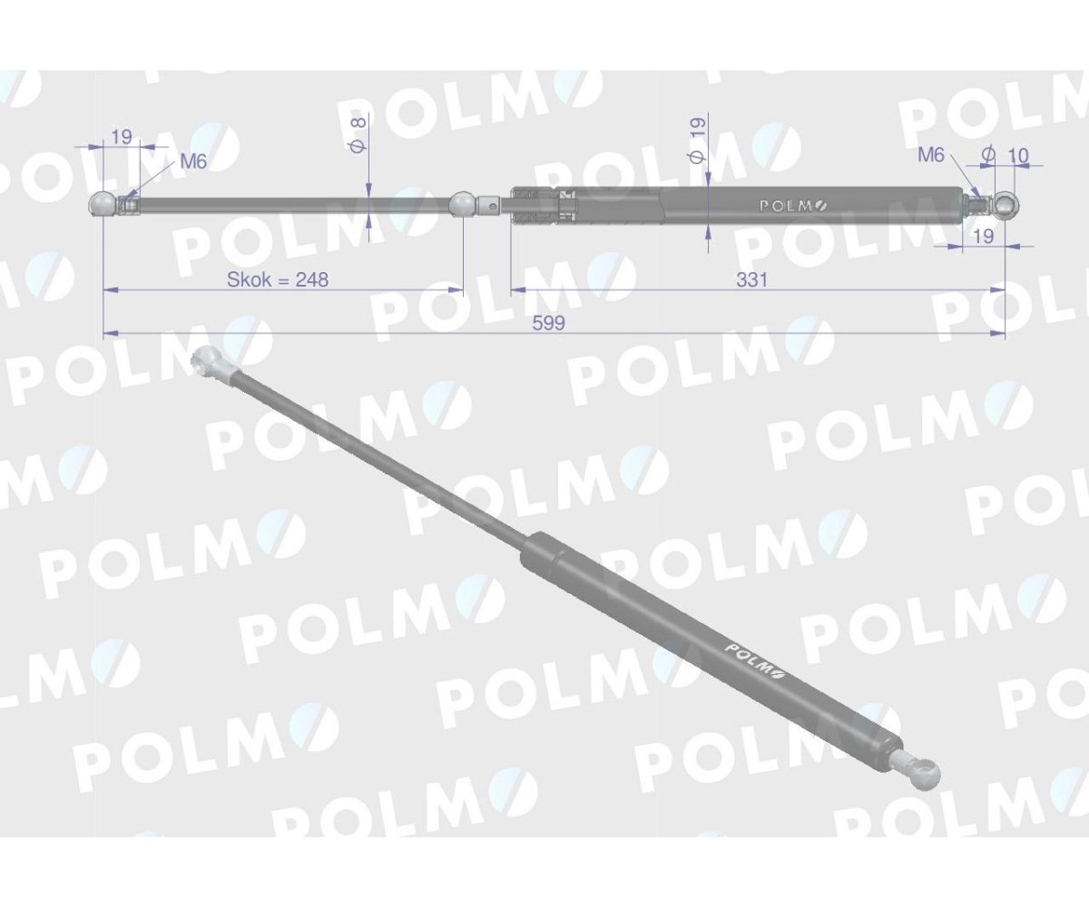 Siłownik szyby tylnej L max. 599mm CA516619P FENDT POLMO