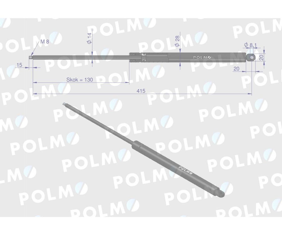 Siłownik szyby przedniej L max. 415mm F182800200210P FENDT POLMO