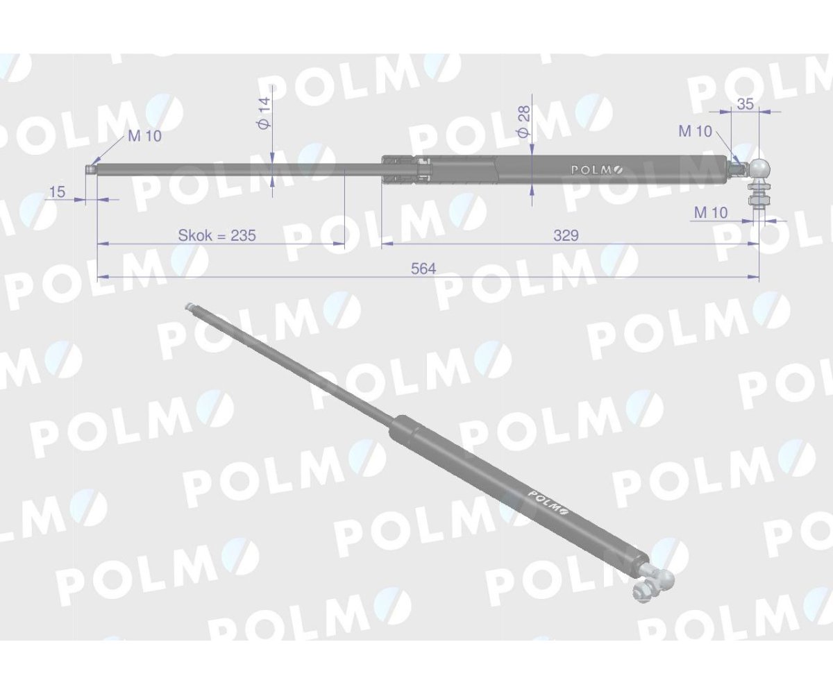 Siłownik szyby przedniej L max. 564mm F238805202360P FENDT POLMO