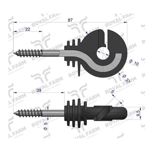 Izolator okrągły z wkrętem fi 5 do drewna z zatopionym trzpieniem wygiętym ROYAL FARM (sprzedawane po 25 szt)