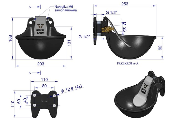 Poidło miskowe żeliwne z językiem ze stali nierdzewnej Czarne 1.5l ROYAL FARM ( sprzedawane po 2 )