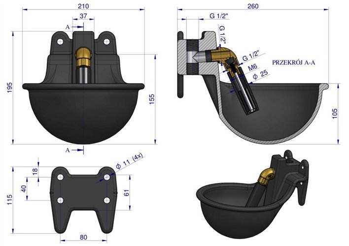 Poidło miskowe żeliwne z zaworem rurowym Czarne 1.8l ROYAL FARM ( sprzedawane po 2 )