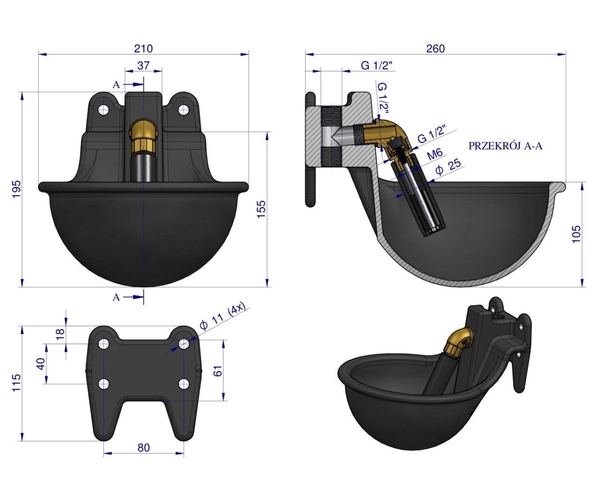 Poidło miskowe żeliwne z zaworem rurowym Czarne 1.8l ROYAL FARM ( sprzedawane po 2 )