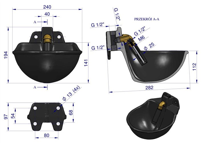 Poidło miskowe żeliwne z zaworem rurowym Czarne 2.5l ROYAL FARM ( sprzedawane po 2 )