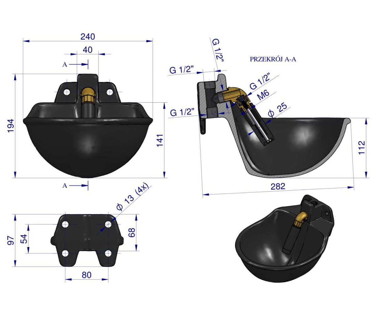 Poidło miskowe żeliwne z zaworem rurowym Czarne 2.5l ROYAL FARM ( sprzedawane po 2 )