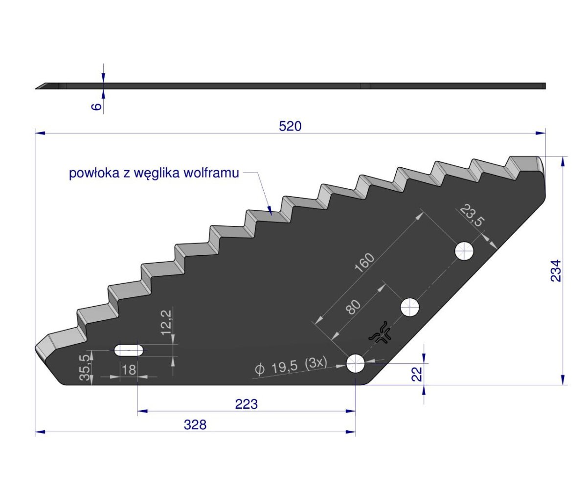 Nóż paszowozu uniwersalny otwór 19.5 mm z węglikiem wolframu Standard ROYAL FARM