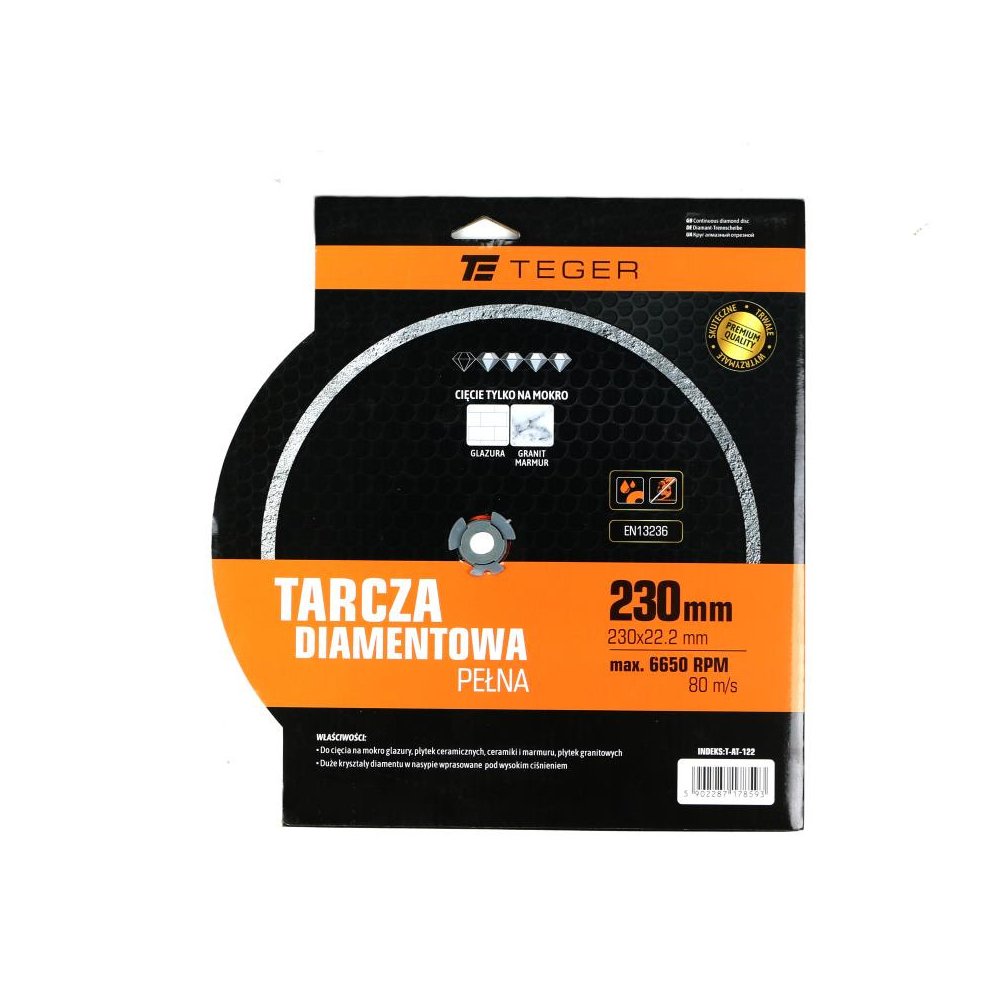 Tarcza diamentowa do cięcia na mokro pełna 230x25.4/22.23 mm TEGER