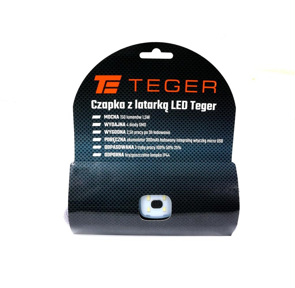 Latarka czołówka czapka LED COB ład USB Teger