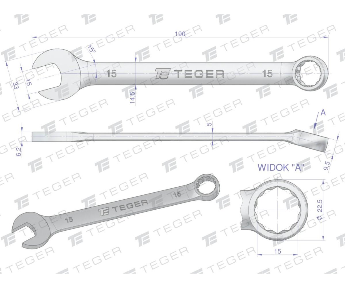 Klucz płasko-oczkowy 15 mm / TEGER