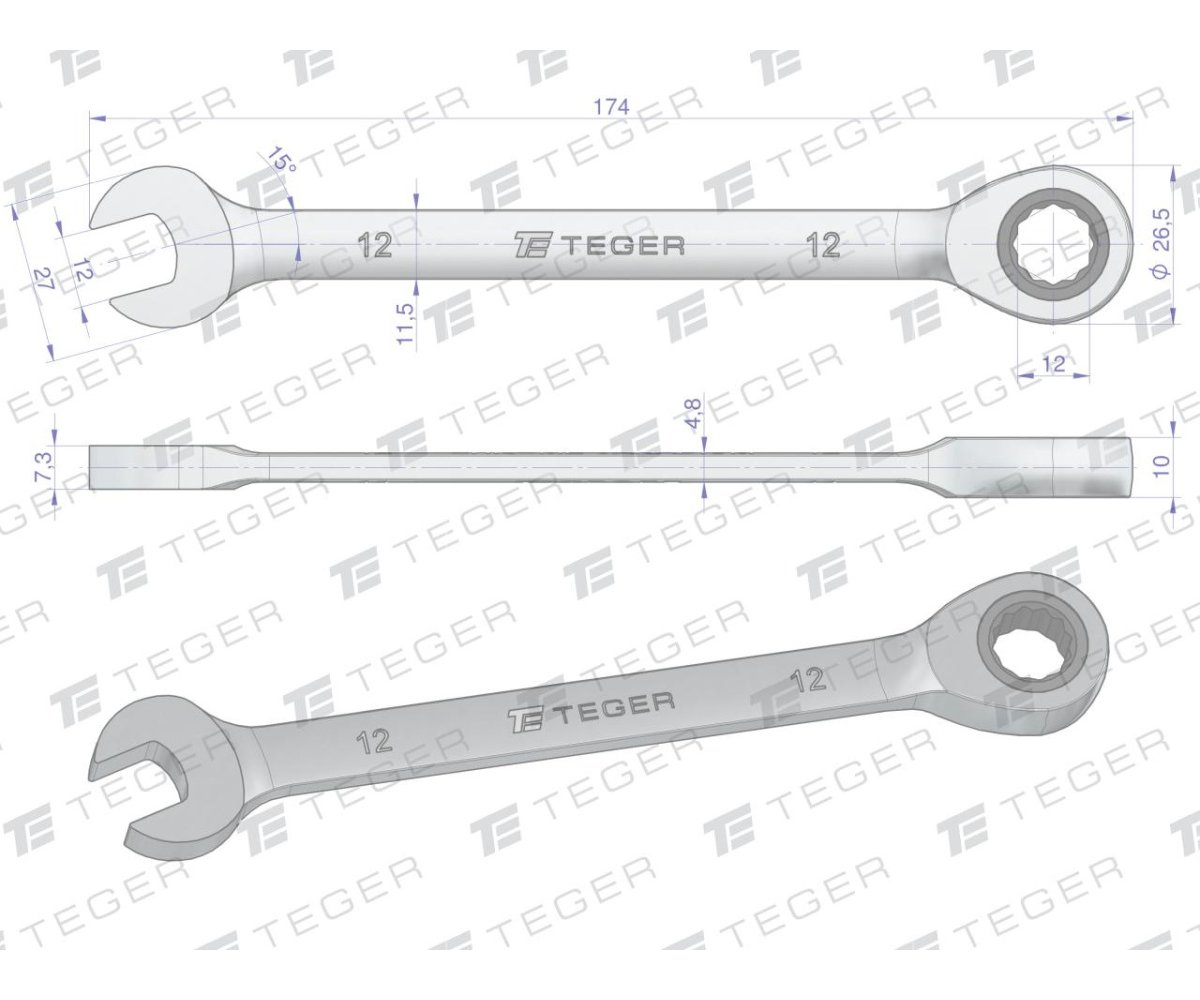 Klucz płasko-oczkowy z grzechotką 12 mm / TEGER