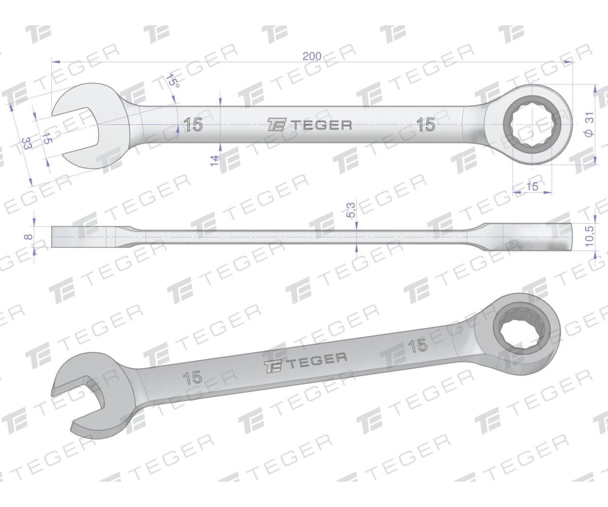 Klucz płasko-oczkowy z grzechotką 15 mm / TEGER