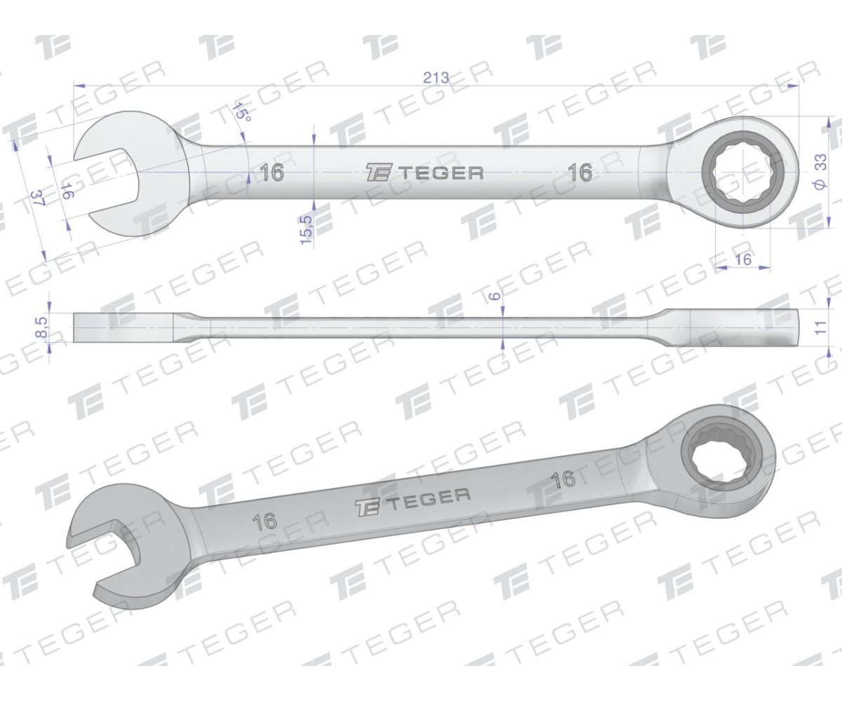 Klucz płasko-oczkowy z grzechotką 16 mm / TEGER