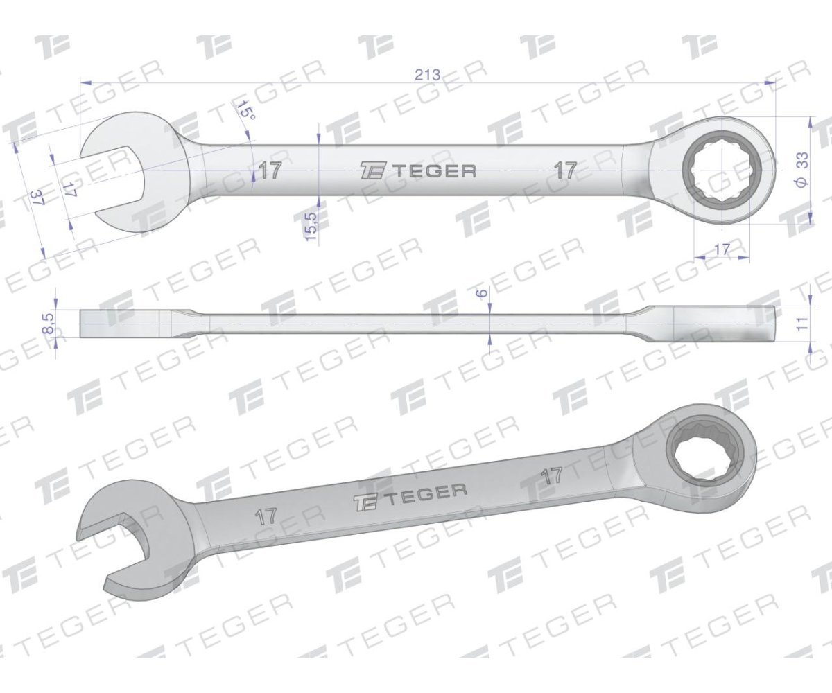 Klucz płasko-oczkowy z grzechotką 17 mm / TEGER