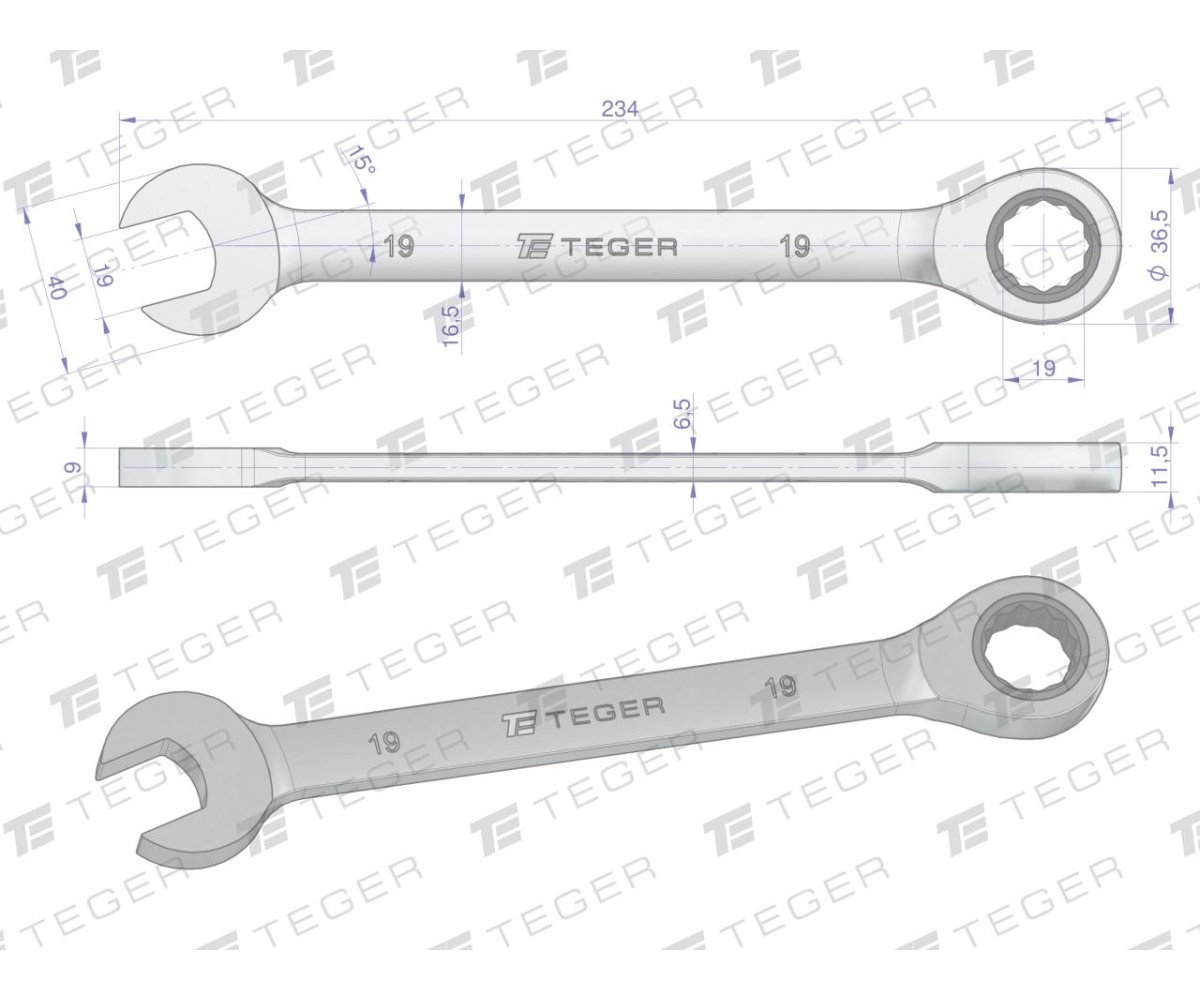 Klucz płasko-oczkowy z grzechotką 19 mm / TEGER