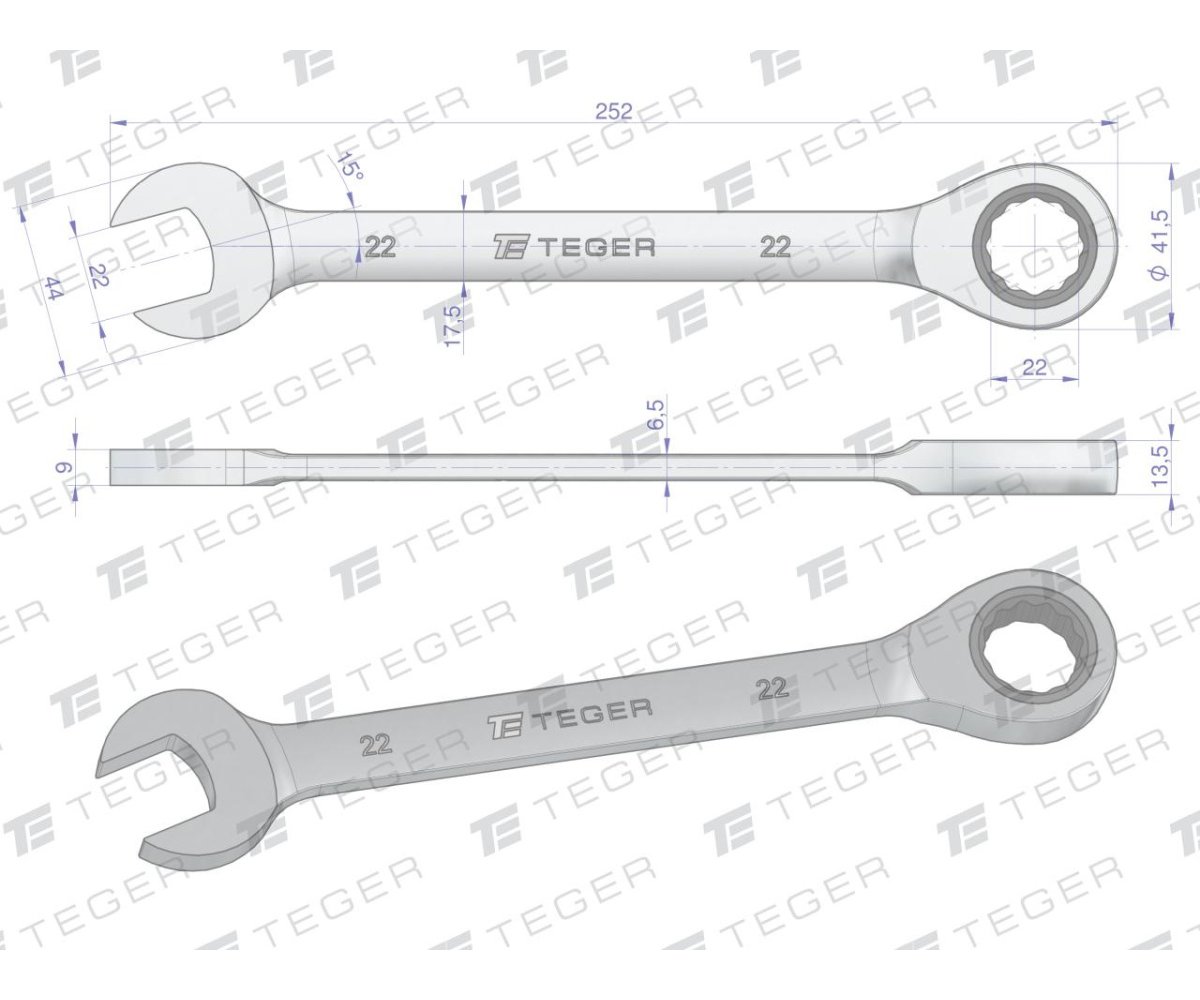 Klucz płasko-oczkowy z grzechotką 22 mm / TEGER