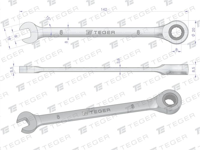 Klucz płasko-oczkowy z grzechotką 8 mm / TEGER