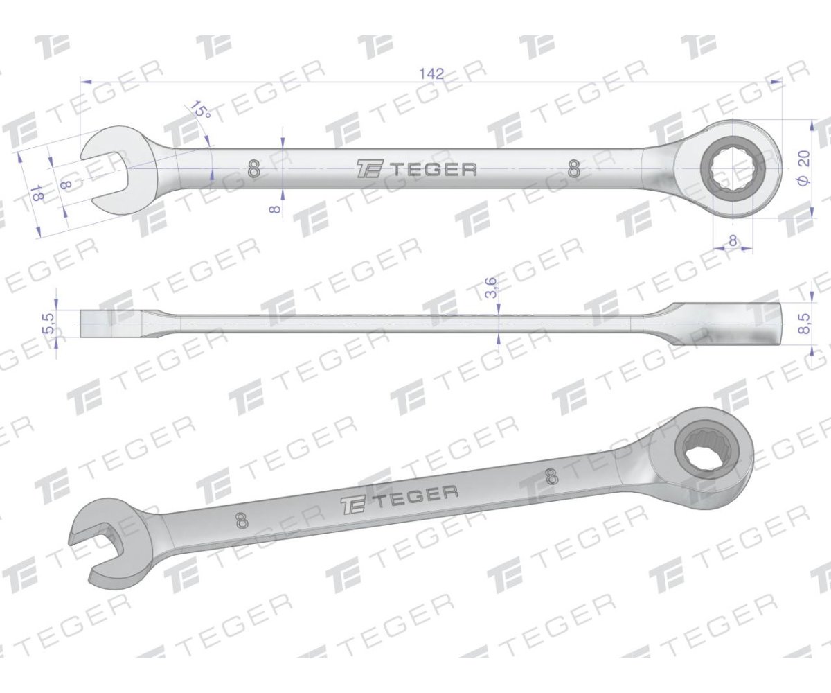 Klucz płasko-oczkowy z grzechotką 8 mm / TEGER