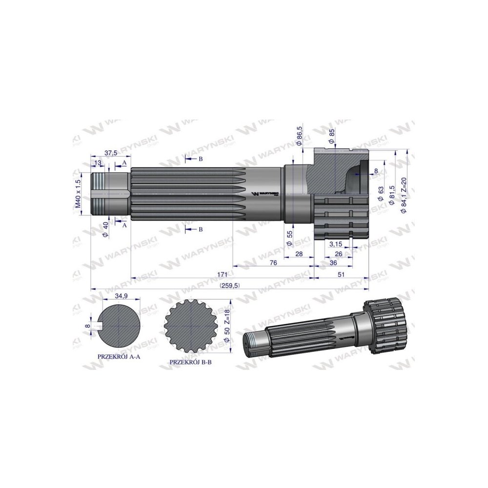 Wał napędzający reduktora 80121187 C-385 WARYŃSKI