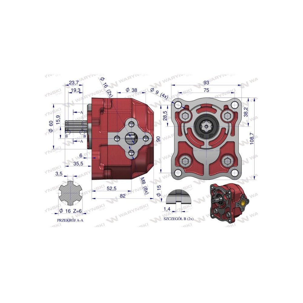 Pompa zębata wzmocniona T-25. do wspomagania MTZ ( Lewa ) WARYŃSKI
