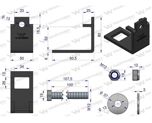 Nakładka zęba agregatu 32x12 plus 32X12 na profil 50x50 kpl. Waryński (sprzedawane po 5)