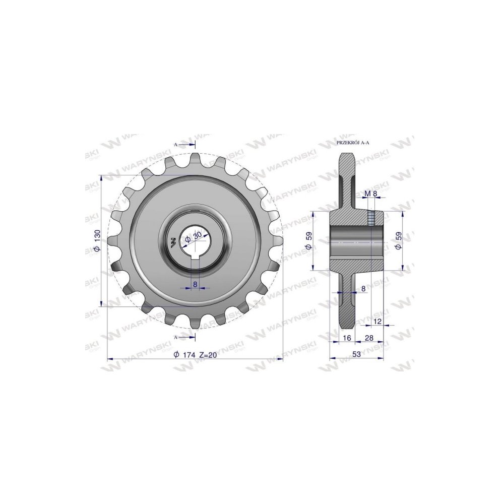 Koło łańcuchowe stalowe hartowane Z-20 1" fi-30 Rozrzutnik 2208050063 WARYŃSKI