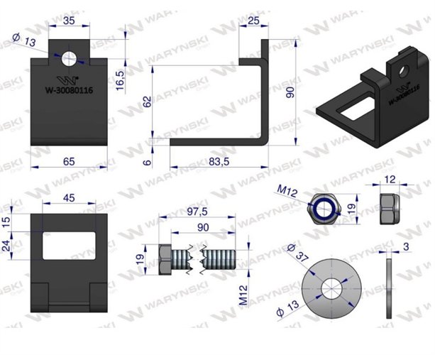 Nakładka zęba agregatu 45x12 plus 45x10 na profil 60x40 kpl. Waryński