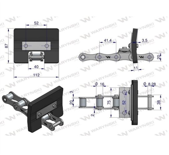 Łańcuch podajnika ziarnowego kpl. 38 łopatek 86 x 110 mm zastosowani Bizon Rekord Waryński