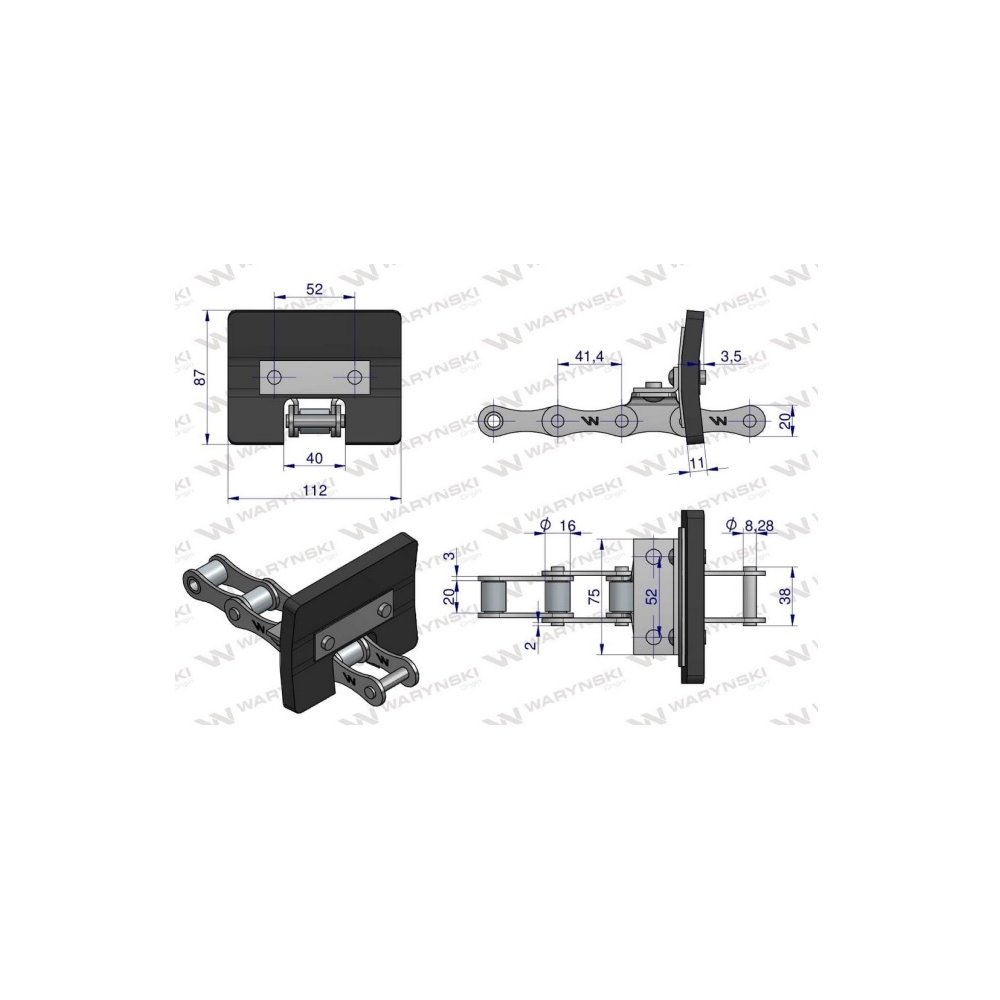 Łańcuch podajnika ziarnowego kpl. 38 łopatek 86 x 110 mm zastosowani Bizon Rekord Waryński