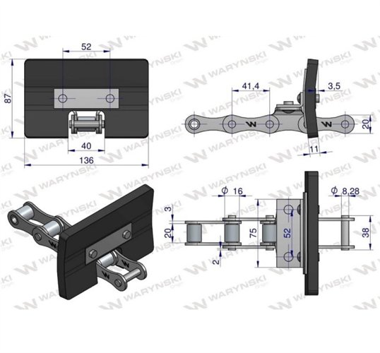 Łańcuch podajnika ziarnowego kpl. 38 łopatek 86 x 136 mm zastosowanie 5058200335 Bizon Rekord Waryński