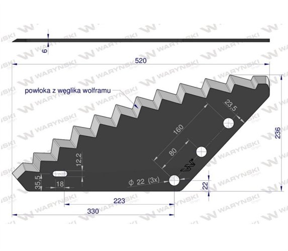 Nóż paszowozu uniwersalny otwór 22 mm z węglikiem wolframu Waryński