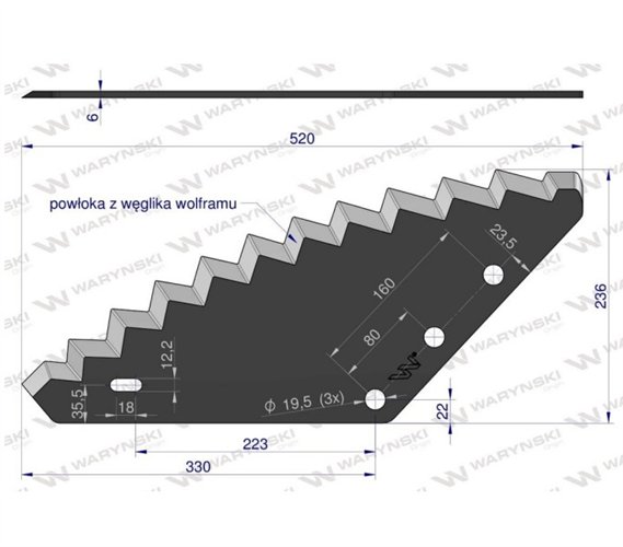 Nóż paszowozu uniwersalny otwór 19.5 mm z węglikiem wolframu Waryński