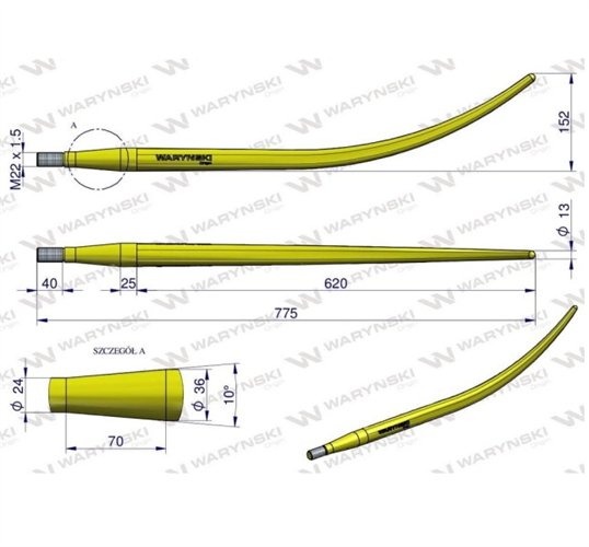 Ząb ładowacza wygięty zamykający L- 780 mm chwytak (krokodyl) Tur WARYŃSKI