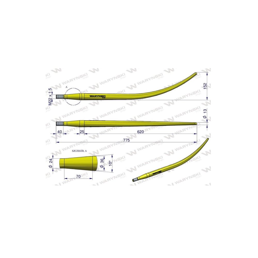Ząb ładowacza wygięty zamykający L- 780 mm chwytak (krokodyl) Tur WARYŃSKI