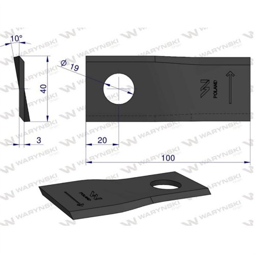 Nóż. nożyk kosiarka lewy 100X40X3mm otwór 19 zastosowanie RS 100/3 Sipma WARYŃSKI ( sprzedawane po 25 )