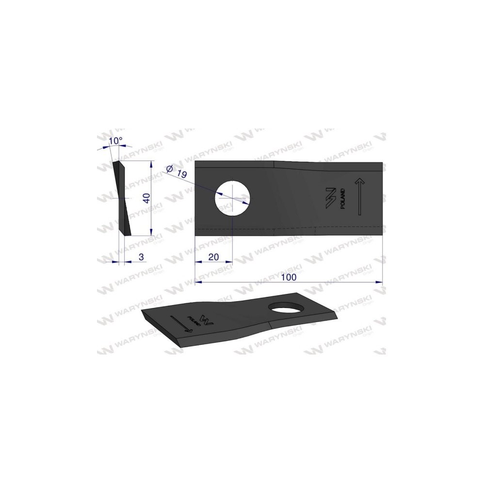 Nóż. nożyk kosiarka lewy 100X40X3mm otwór 19 zastosowanie RS 100/3 Sipma WARYŃSKI ( sprzedawane po 25 )