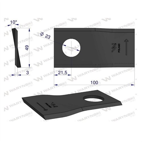 Nóż. nożyk kosiarka lewy 100x48x3mm otwór 23 zastosowanie T683L Mortl WARYŃSKI ( sprzedawane po 25 )