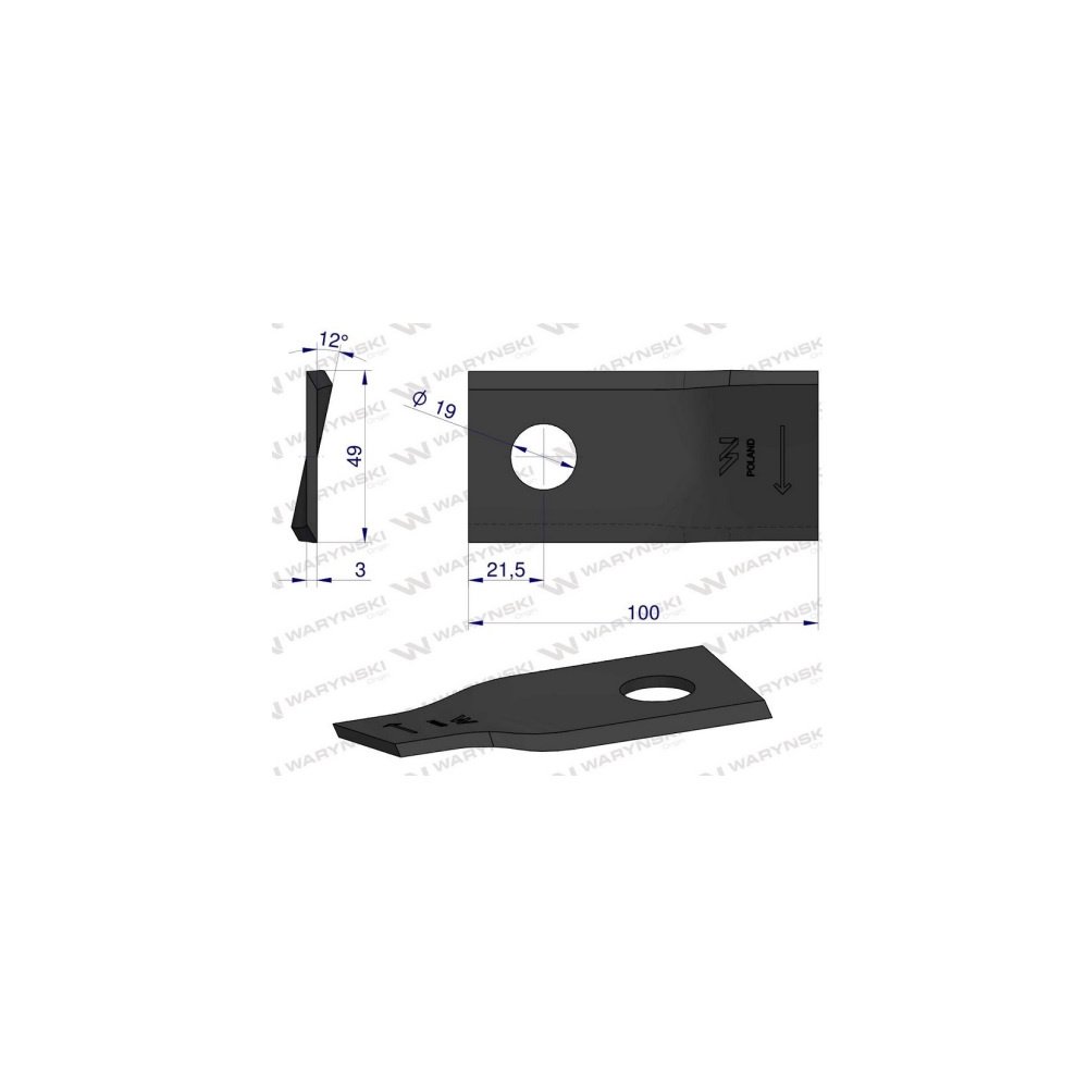 Nóż. nożyk kosiarka prawy 100x48x3mm otwór 19 zastosowanie 9041777 9527280 Claas WARYŃSKI ( sprzedawane po 25 )