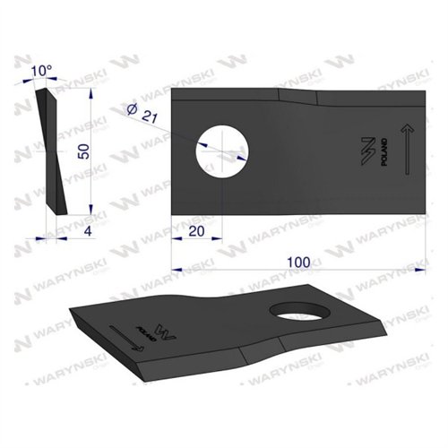 Nóż. nożyk kosiarka lewy 100X50X4mm otwór 21 zastosowanie RS100 Samasz WARYŃSKI ( sprzedawane po 25 )