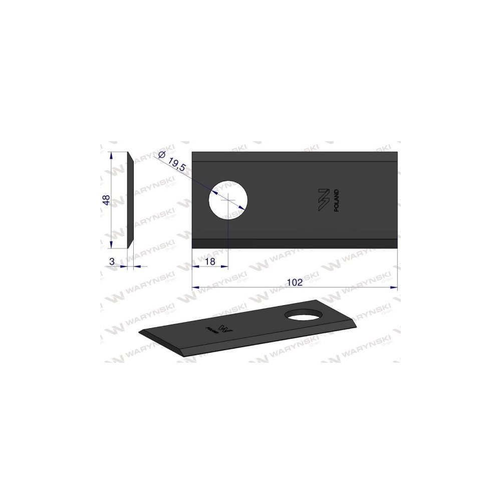 Nóż, nożyk kosiarka rotacyjna 102x48x3mm zastosowanie Samasz WARYŃSKI ( sprzedawane po 25 )