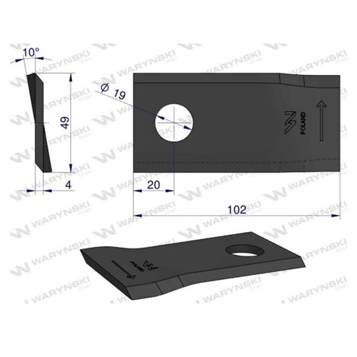 Nóż. nożyk kosiarka lewy 102x48x4mm otwór 19 zastosowanie 570447 Niemeyer WARYŃSKI ( sprzedawane po 25 )