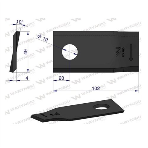 Nóż. nożyk kosiarka prawy 102x48x4mm otwór 19 zastosowanie 570446 Niemeyer WARYŃSKI ( sprzedawane po 25 )